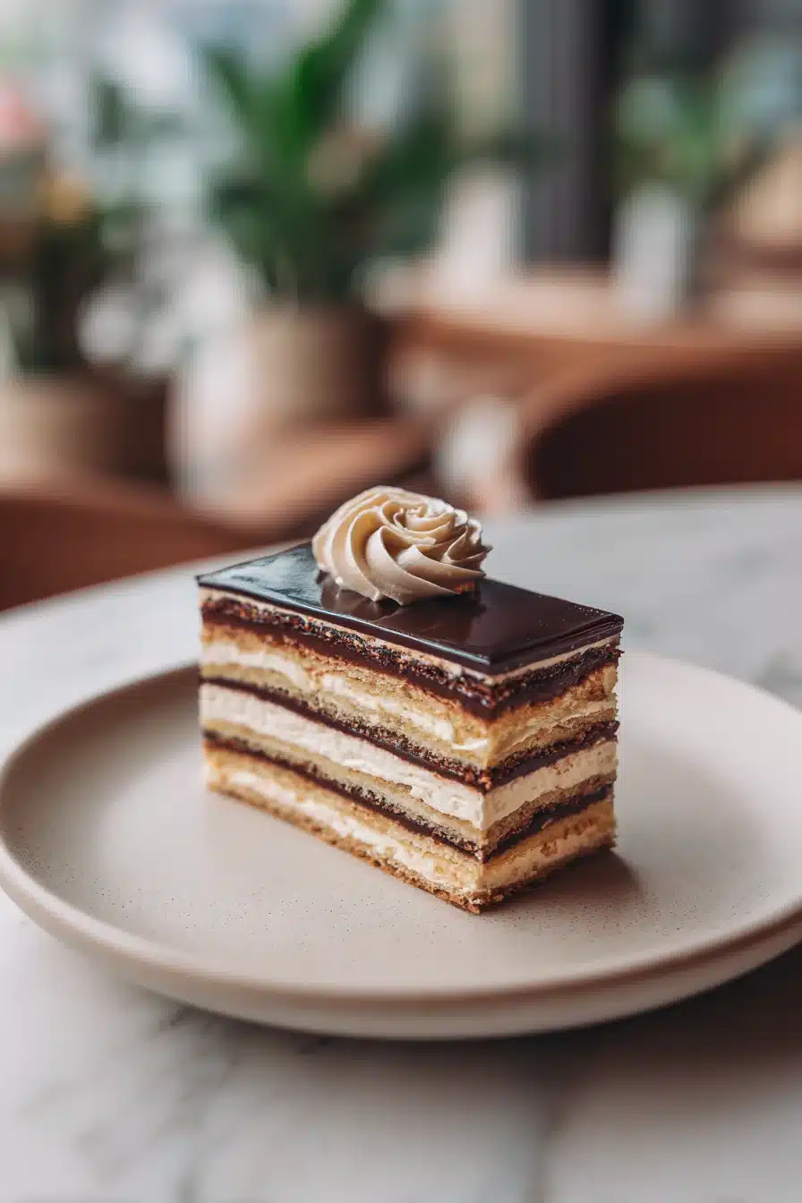 Opera Cake slice with coffee buttercream and chocolate glaze on a ceramic plate