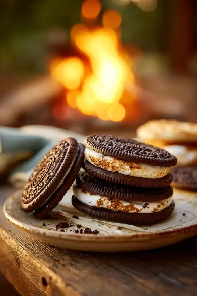 Oreo s’mores with toasted marshmallows on a plate near a campfire
