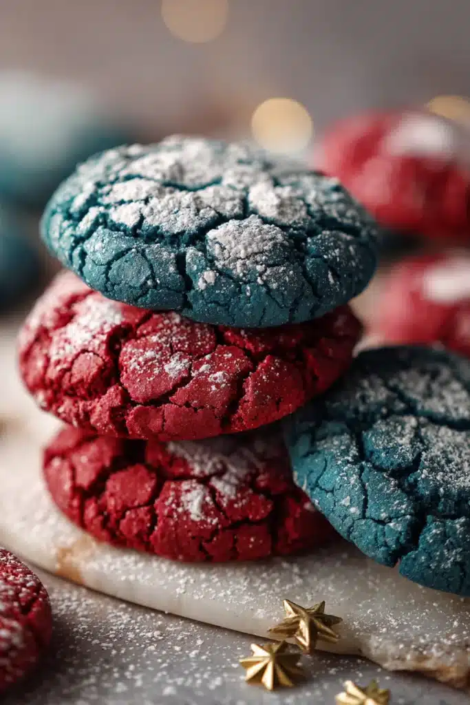 Patriotic Crinkle Cookies with red and blue cracked sugar coated tops