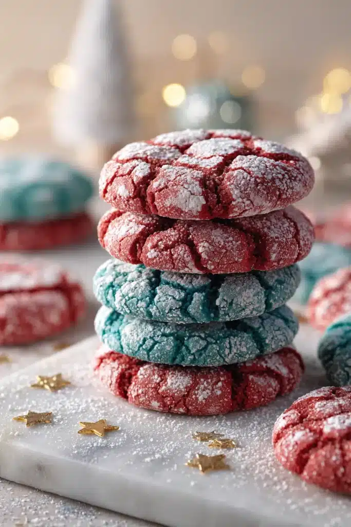 Patriotic Crinkle Cookies stacked with red and blue crackled tops