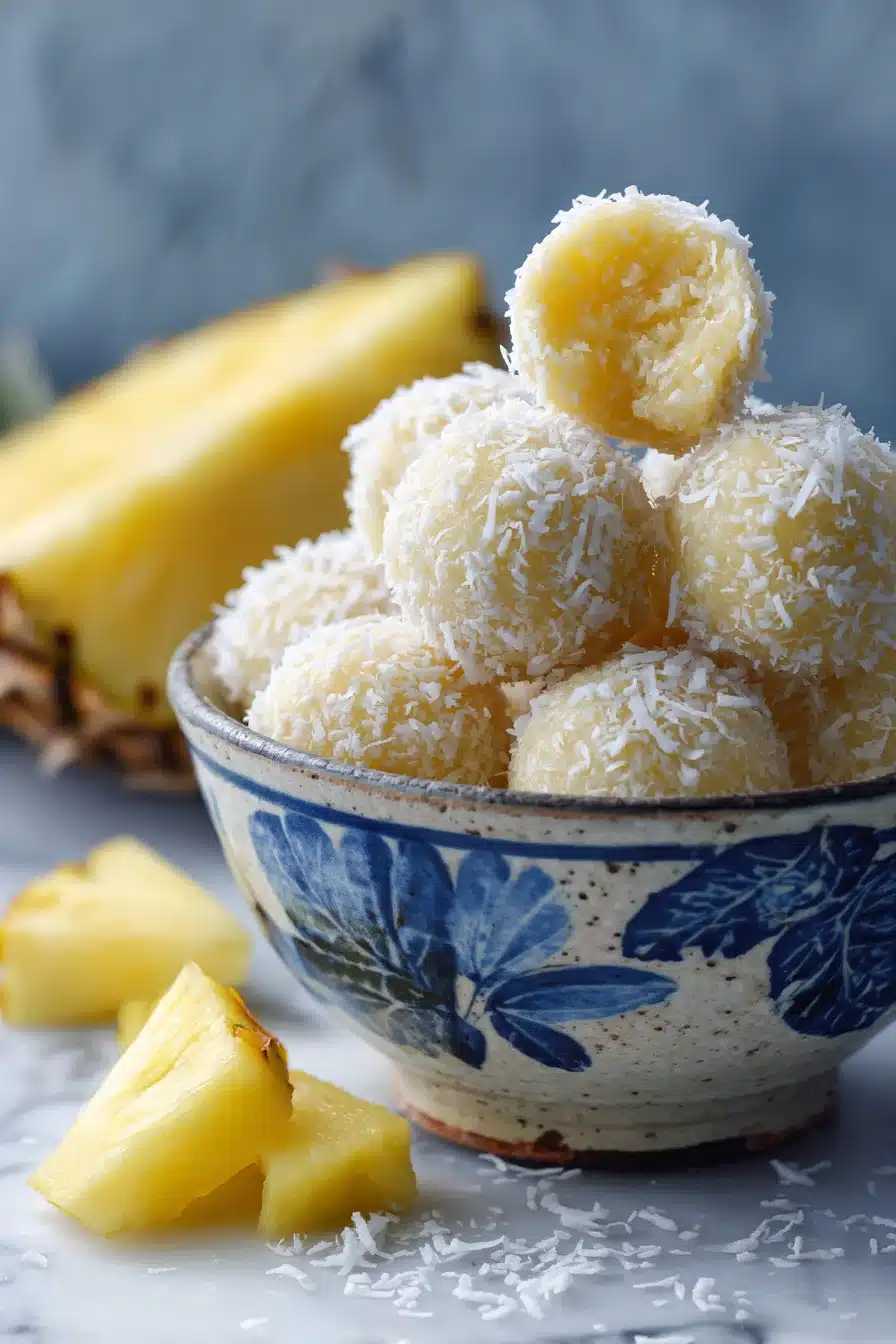 Pineapple coconut no bake balls in bowl with shredded coconut and fresh pineapple slices