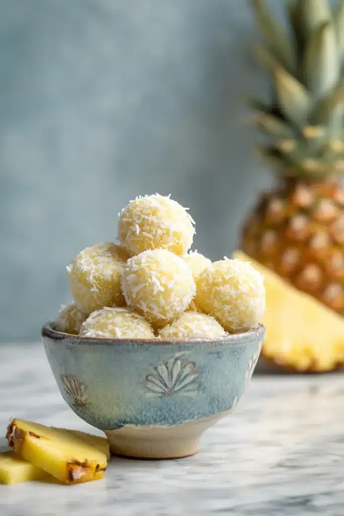 Pineapple Coconut No Bake Balls in bowl with shredded coconut and fresh pineapple