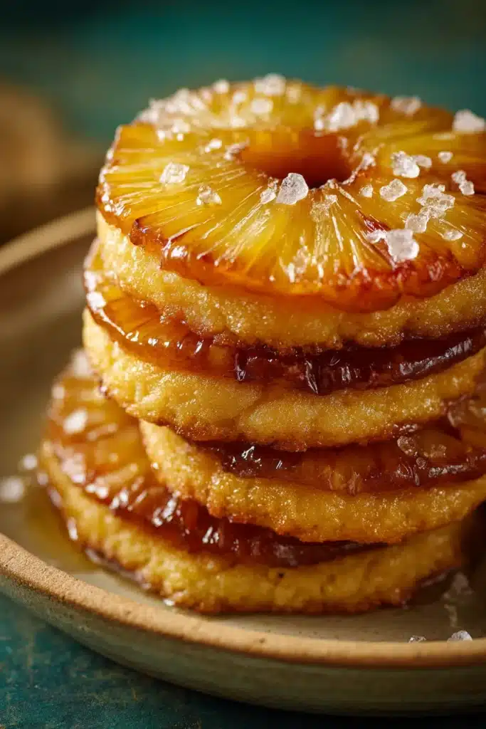 Pineapple Upside Down Sugar Cookies 3 Pineapple upside down sugar cookies topped with pineapple rings and sparkling sugar crystals