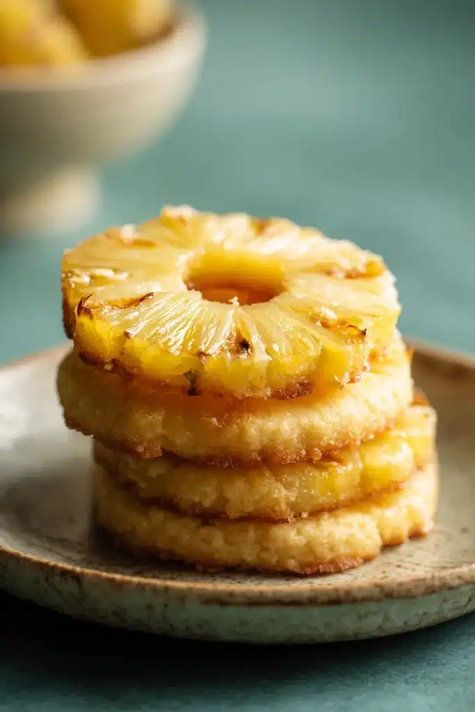 Pineapple Upside Down Sugar Cookies 2 Pineapple upside down sugar cookies topped with juicy pineapple rings on a serving plate