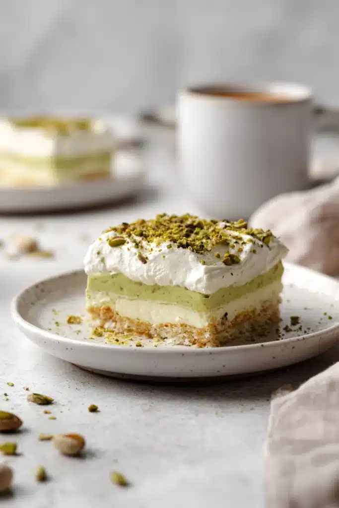 Pistachio Dream Bars slice with creamy layers and graham crust