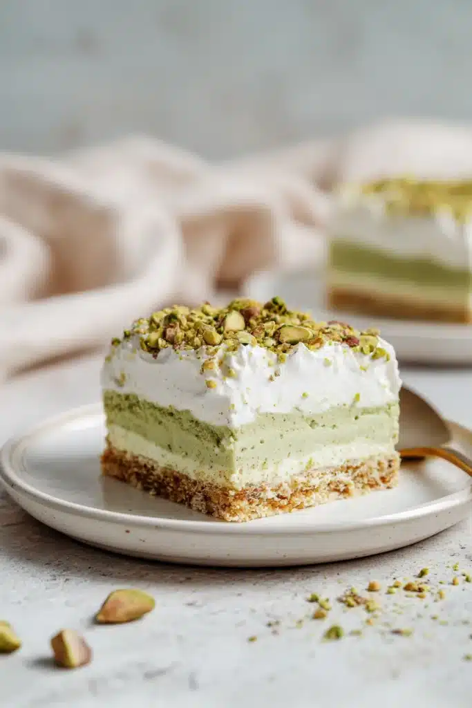 Pistachio Dream Bars slice with creamy layers and graham crust