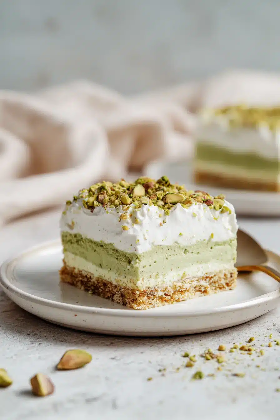 Pistachio Dream Bars slice with creamy layers and graham crust