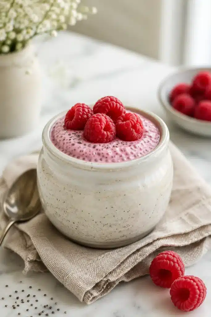 Raspberry chia pudding in jar topped with fresh raspberries and creamy texture