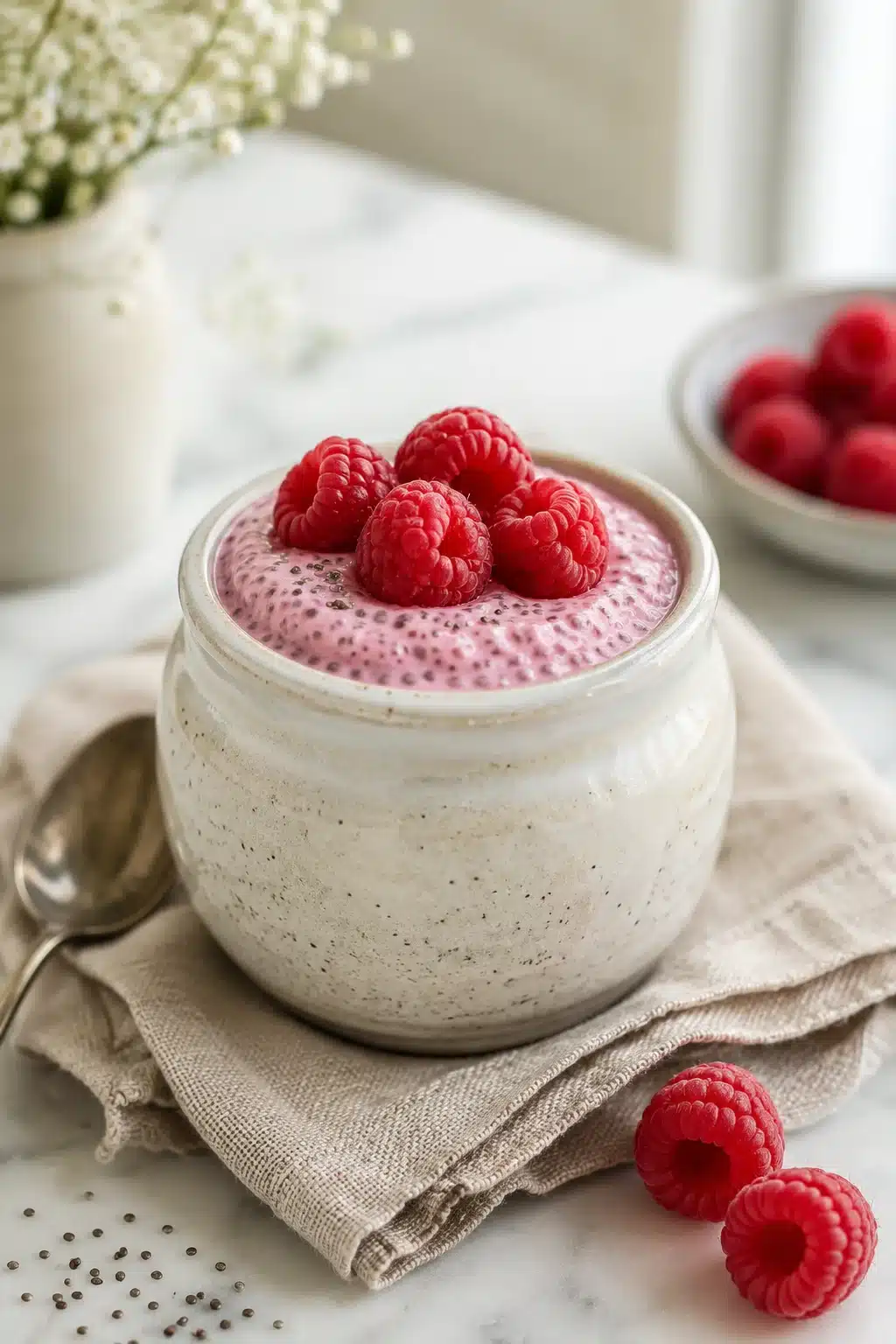Raspberry chia pudding in jar topped with fresh raspberries and creamy texture