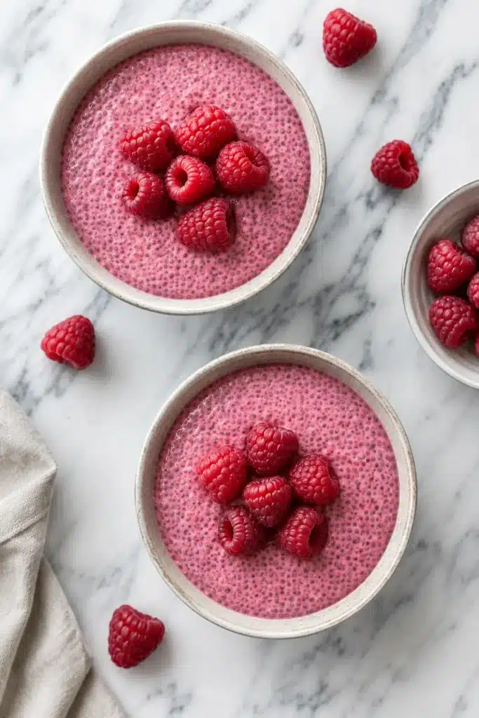 Raspberry Chia Pudding in bowls topped with fresh raspberries