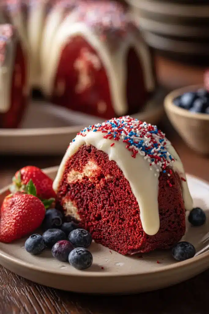 Slice of Red Velvet 4th of July cake with white glaze, berries, and patriotic sprinkles