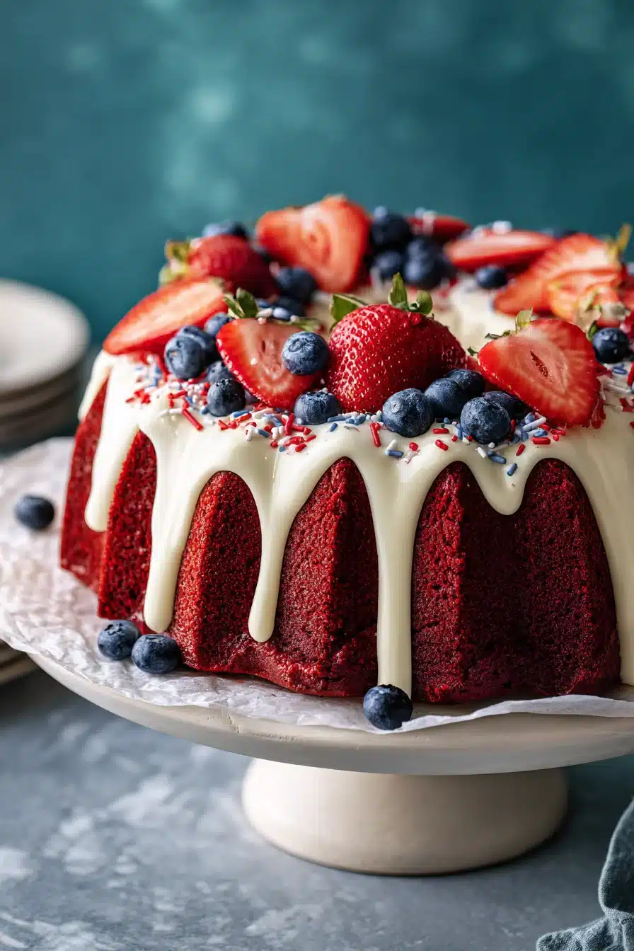 Red Velvet 4th of July cake with cream glaze, strawberries, blueberries, and patriotic sprinkles