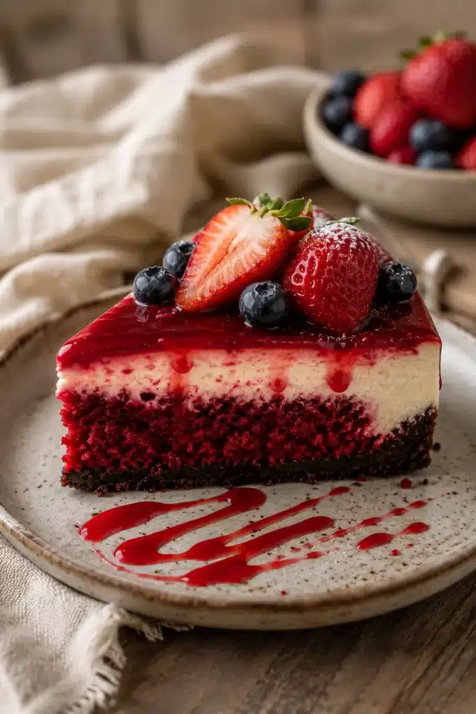 Red velvet strawberry cheesecake slice with fresh berries and glossy topping