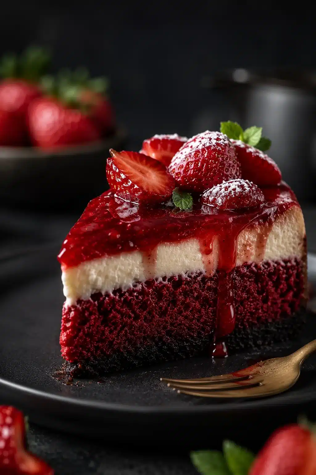Red velvet strawberry cheesecake slice with creamy layers and fresh strawberries on top