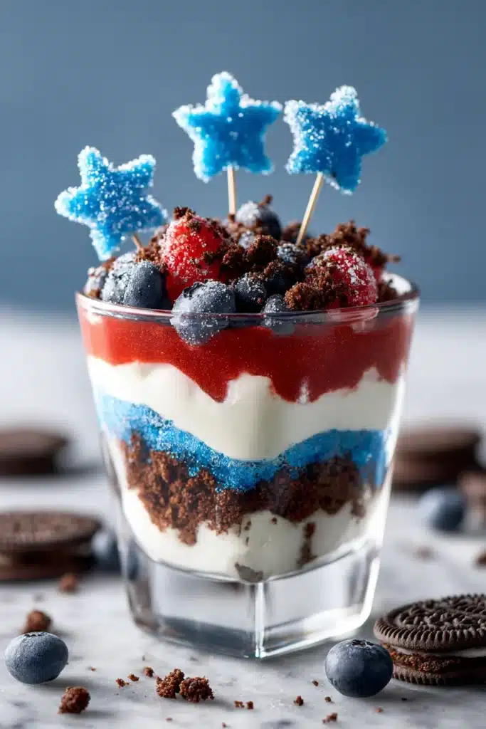 Easy Patriotic Dirt Cups Recipe 2 Patriotic dirt cup dessert with cookie crumbs, creamy layers, and red white blue colors