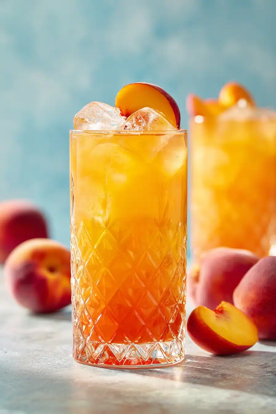 Refreshing peach lemonade in tall glass with ice and peach garnish on marble surface