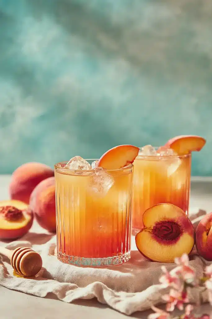 Refreshing peach lemonade in ribbed glasses with ice and peach slices