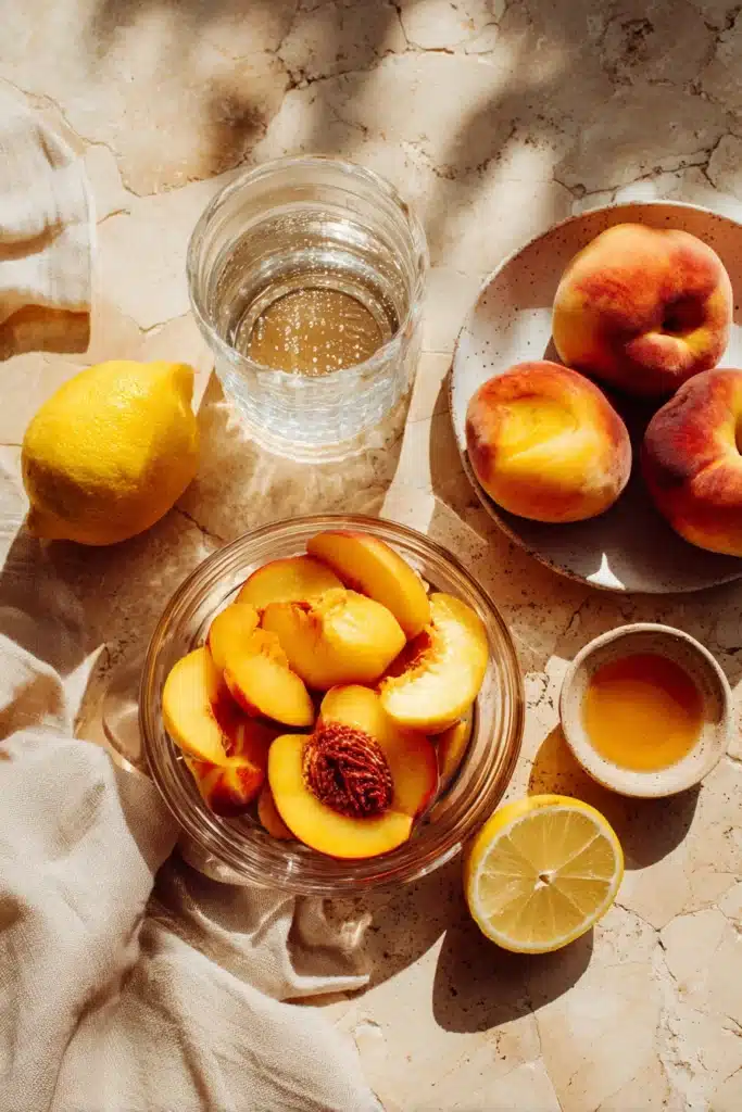 Fresh peach lemonade ingredients with sliced peaches, lemon, honey, and water