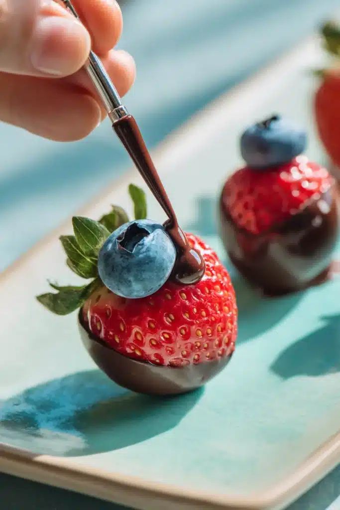 Strawberry Ladybugs being assembled with chocolate and blueberries