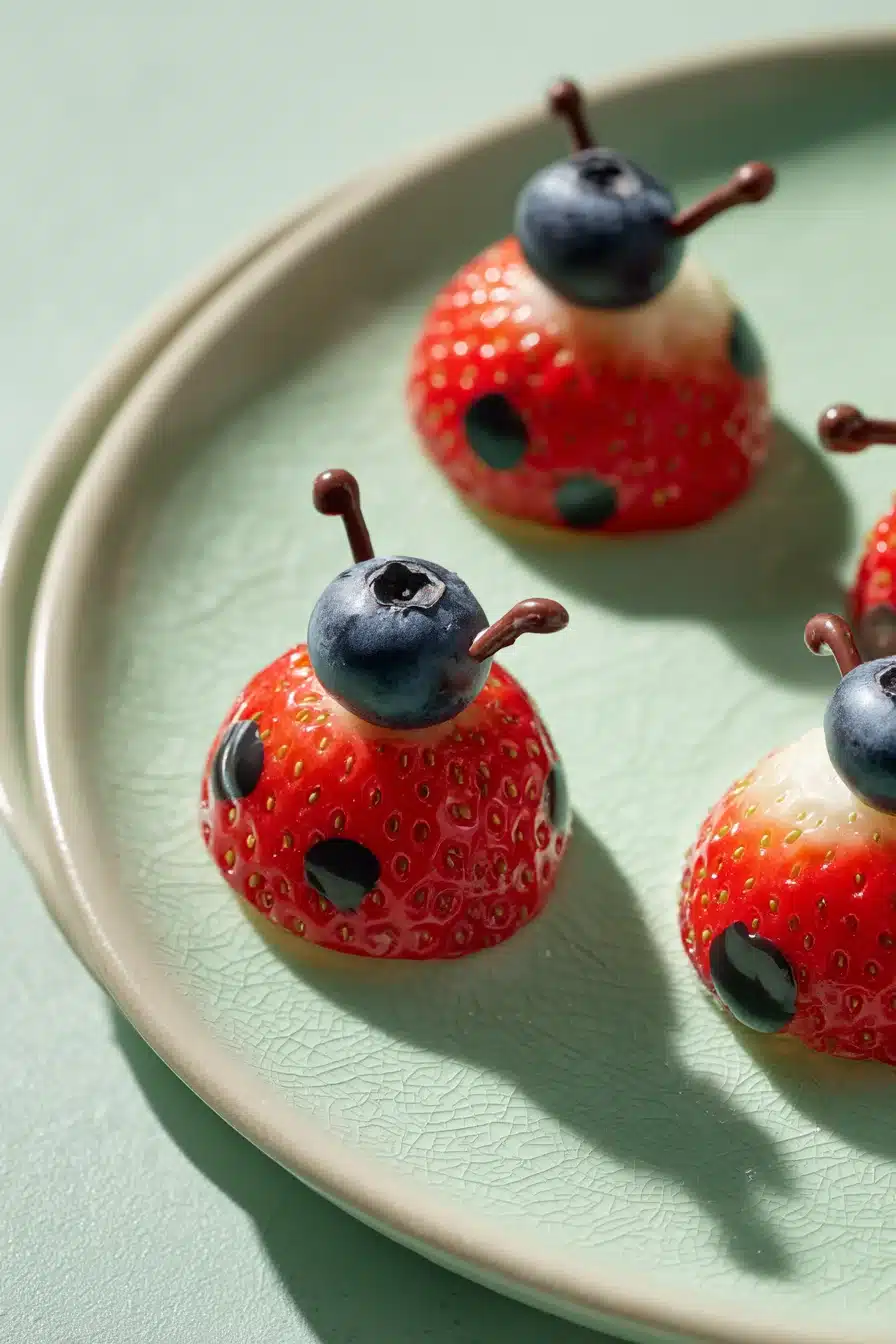 Strawberry ladybugs made with chocolate and blueberries on a plate