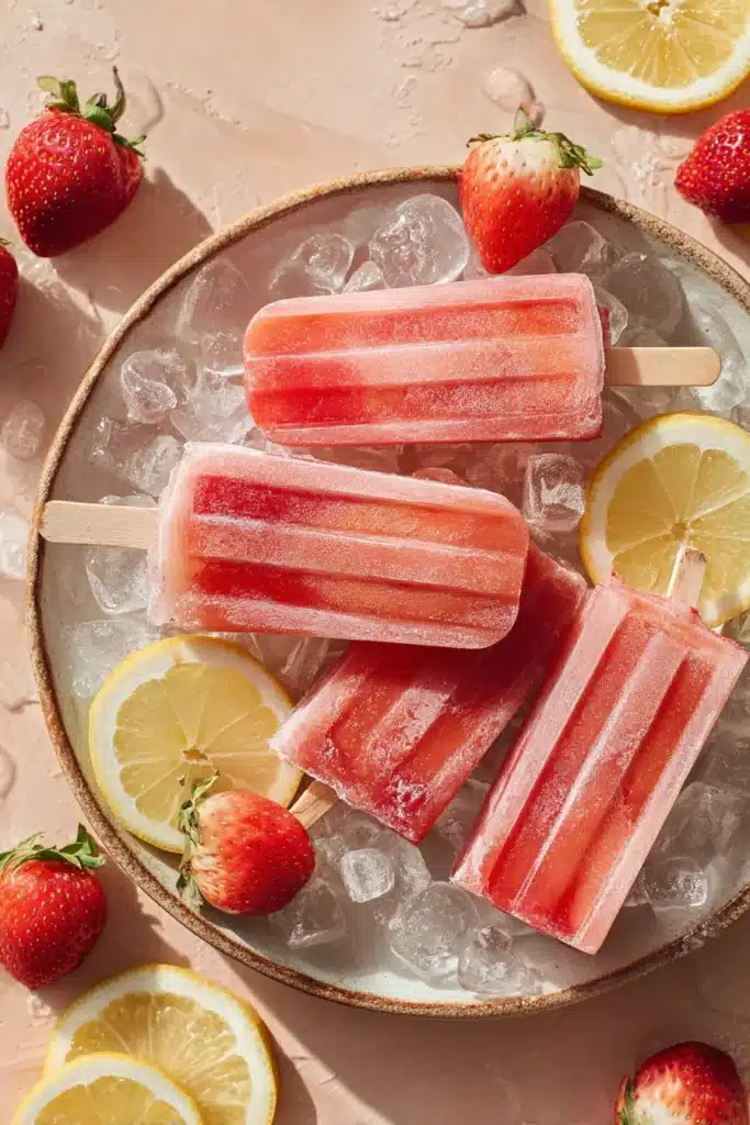 Strawberry lemonade popsicles with fresh strawberries and lemon slices on tray