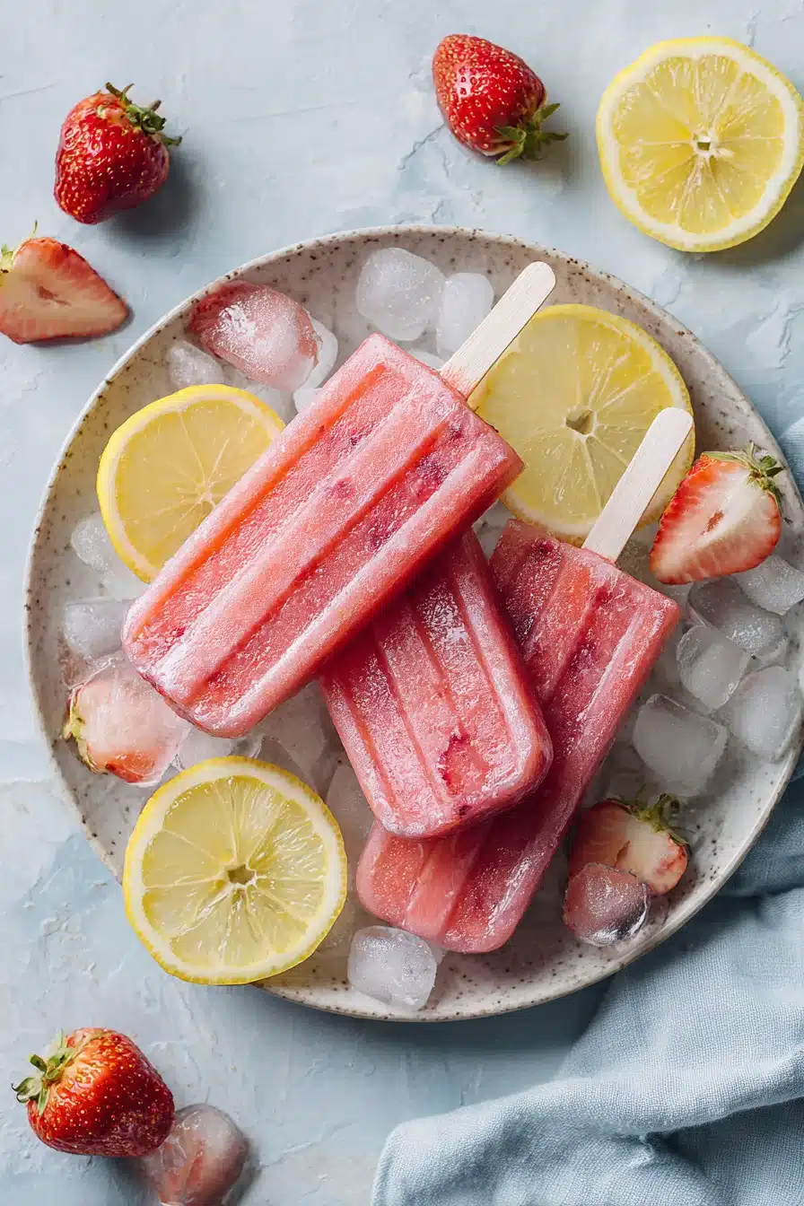 Strawberry lemonade popsicles with fresh strawberries and lemon slices on a plate