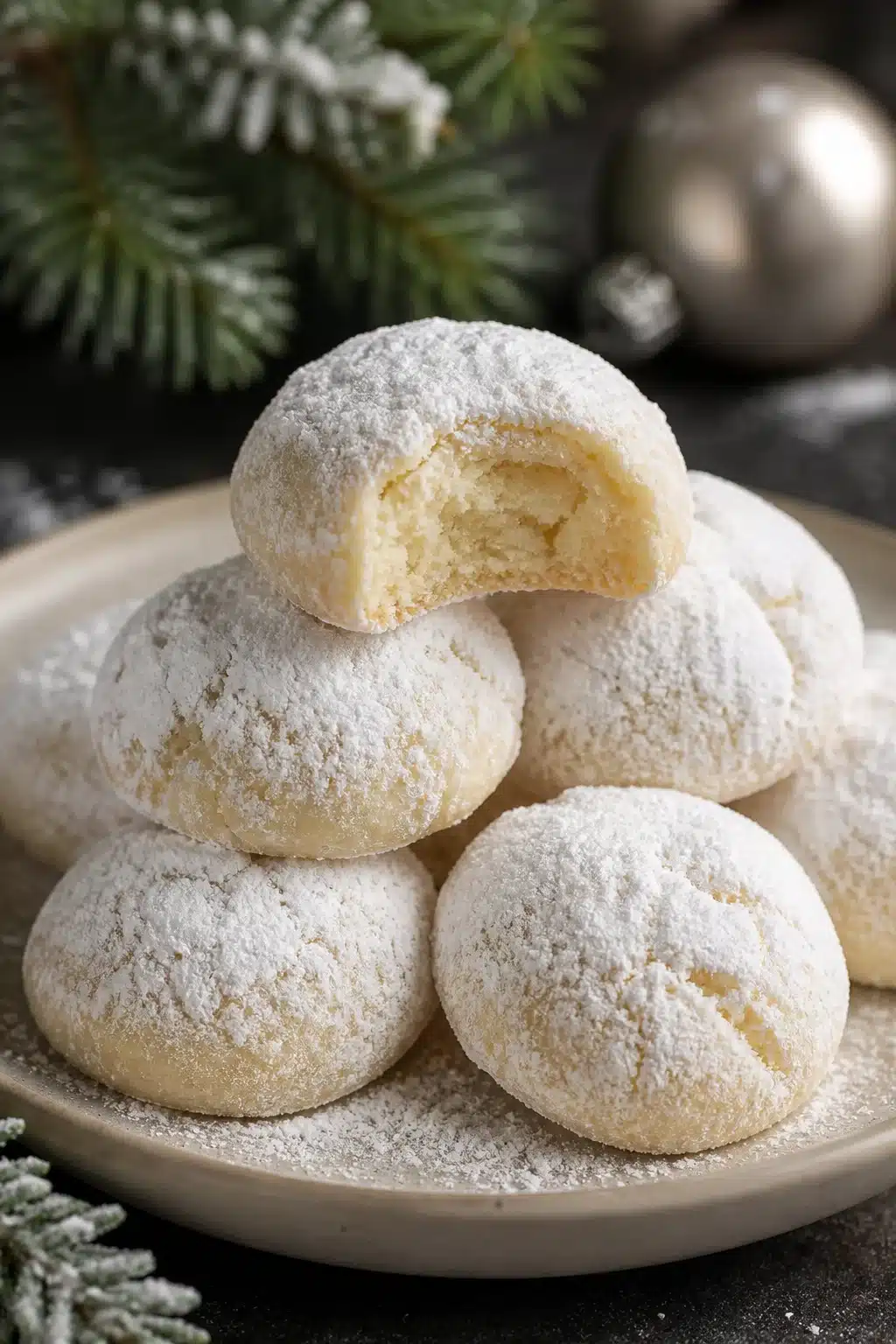 Sweetened condensed milk snowball cookies dusted with powdered sugar on rustic surface