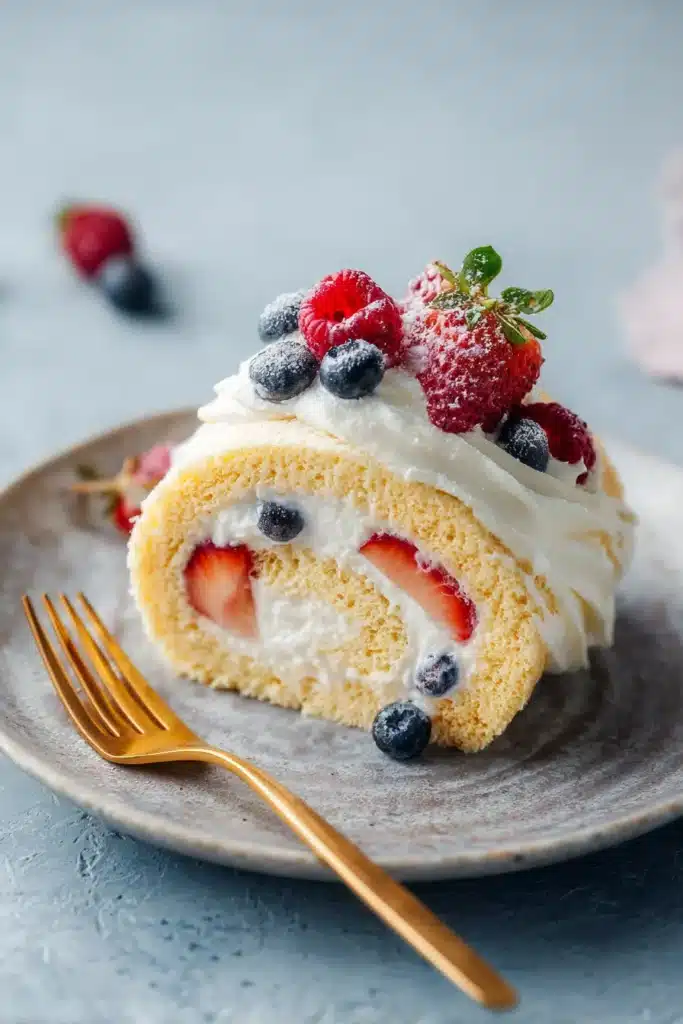 slice of triple berry angel food cake roll with creamy filling and fresh berries