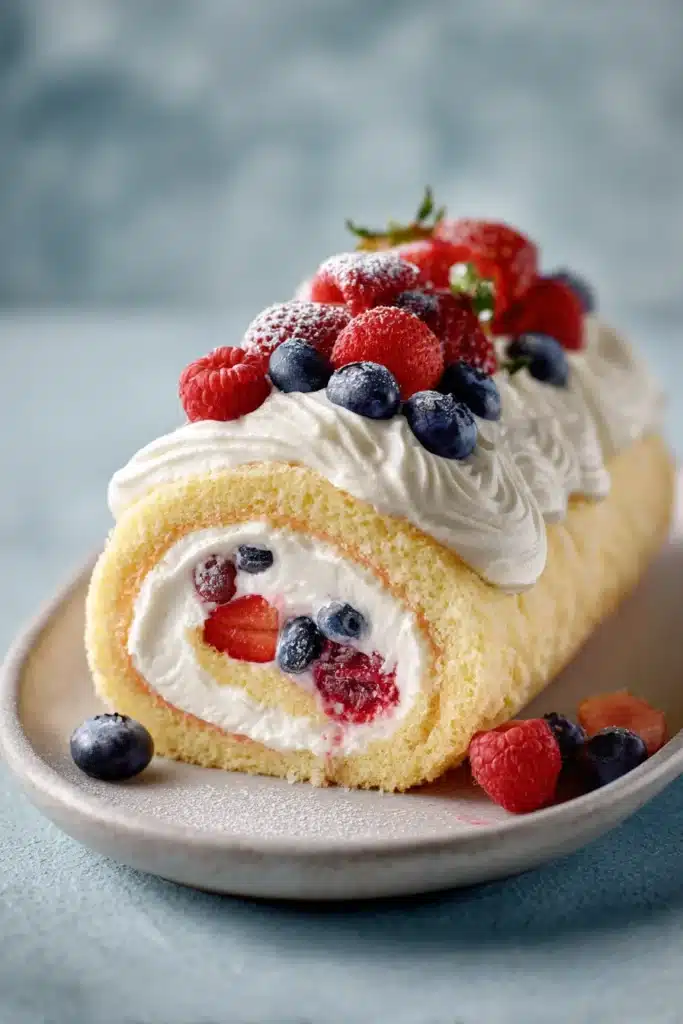 Triple berry angel food cake roll with cream filling and fresh strawberries blueberries and raspberries