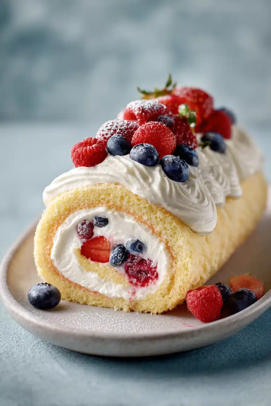 Triple berry angel food cake roll with cream filling and fresh strawberries blueberries and raspberries