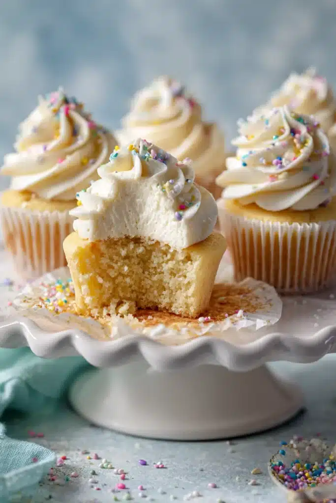Vanilla Cupcakes with creamy frosting and soft moist center