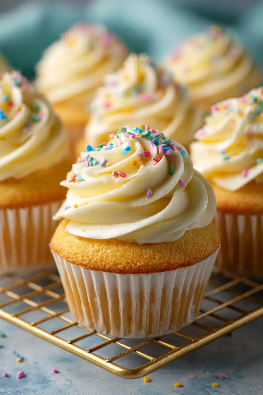 Homemade vanilla cupcakes with creamy buttercream frosting and colorful sprinkles