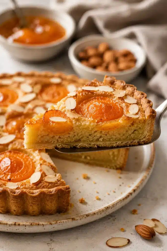 Vegan Apricot Frangipane Tart 3 Close-up vegan apricot frangipane tart slice with almond filling and glossy apricots