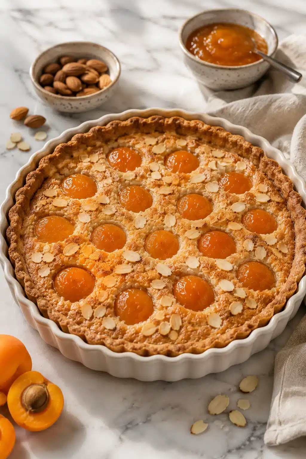 Vegan apricot frangipane tart with almond filling and glazed apricots