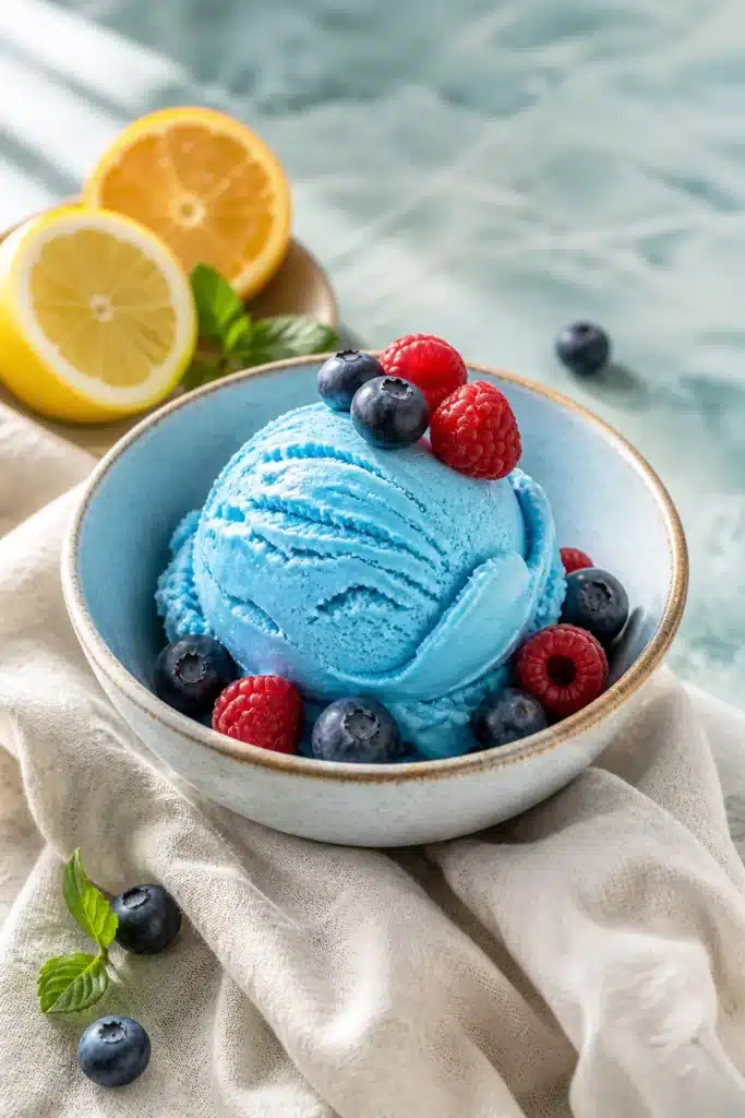 Blue Moon ice cream scoop with blueberries and lemon in a bowl