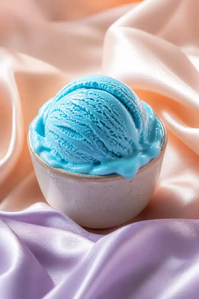 Blue Moon Ice Cream 3 Blue Moon ice cream scoop in cup with soft pastel fabric background
