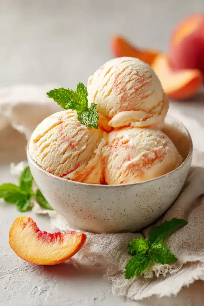Creamy Ninja Creami peach ice cream scoops in a bowl with fresh mint