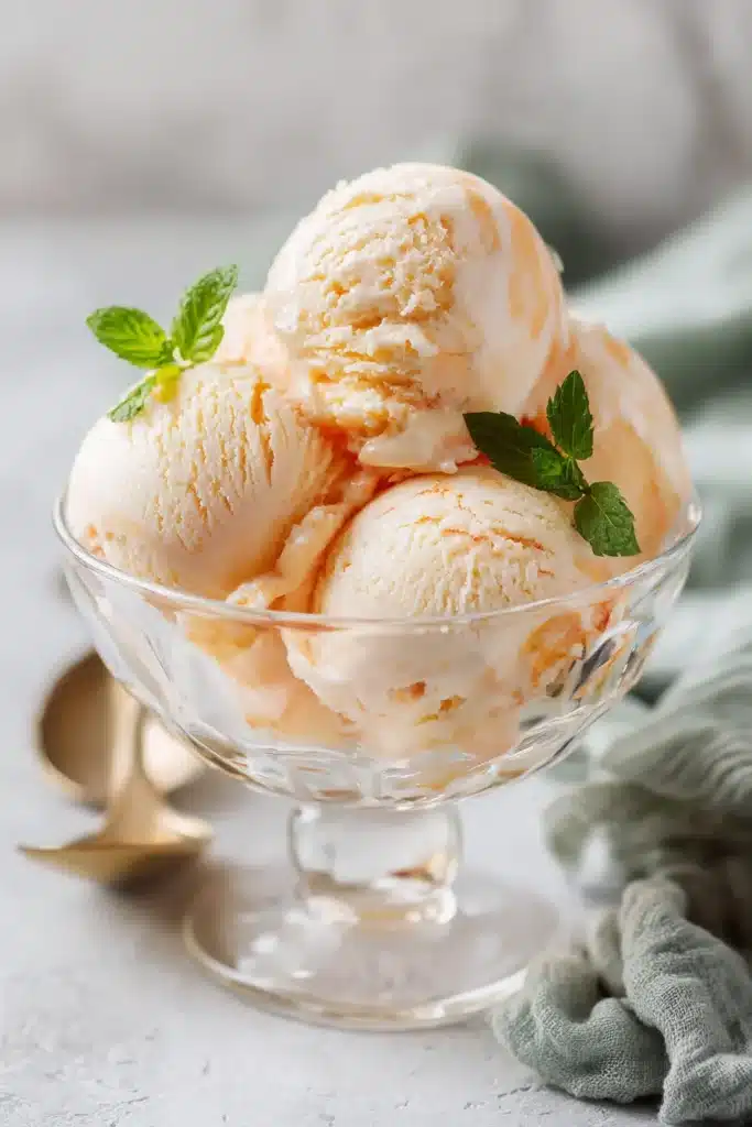 Ninja Creami peach ice cream scoops in glass bowl with fresh mint garnish