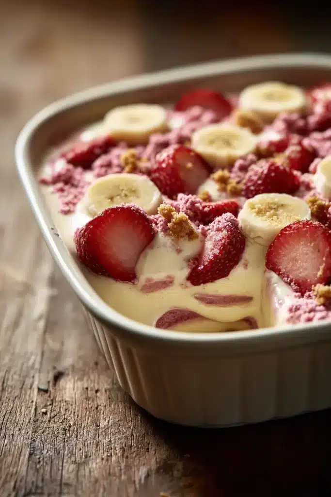 Strawberry crunch banana pudding with creamy layers, fresh fruit, and crunchy topping