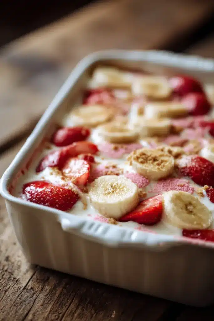 Strawberry crunch banana pudding with creamy layers, fresh fruit, and crunchy topping