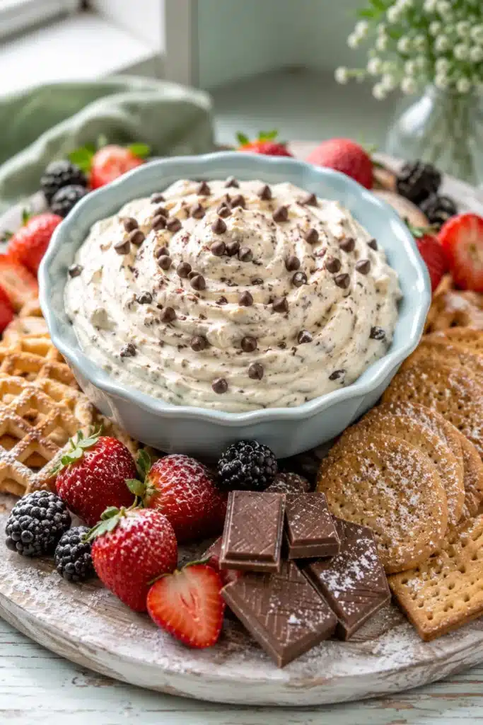 Best Cannoli Dip served with strawberries, cookies, and chocolate dippers