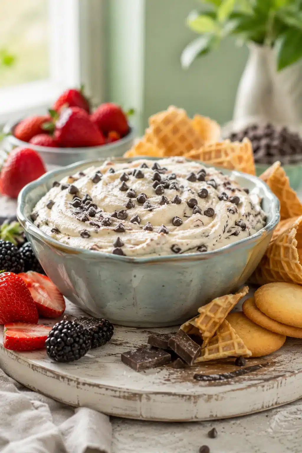 Best Cannoli Dip topped with chocolate chips served with strawberries and cookies