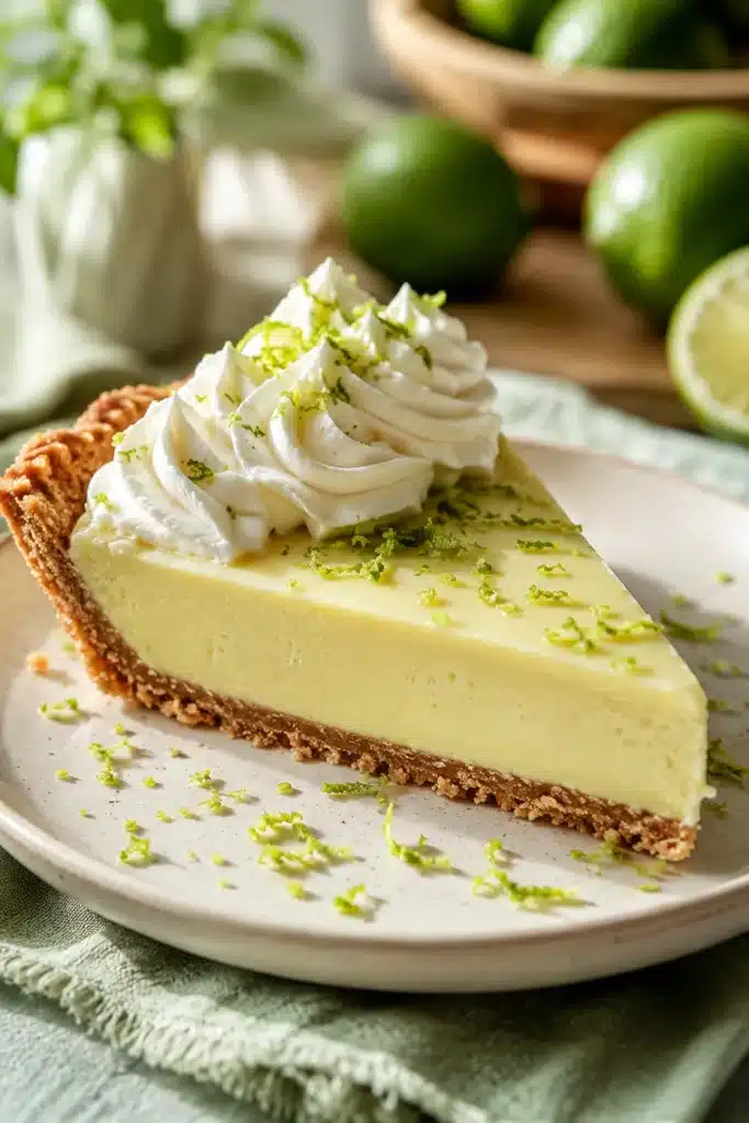Best Key Lime Pie 2 Best Key Lime Pie slice with whipped cream and fresh lime zest on a white dessert plate.