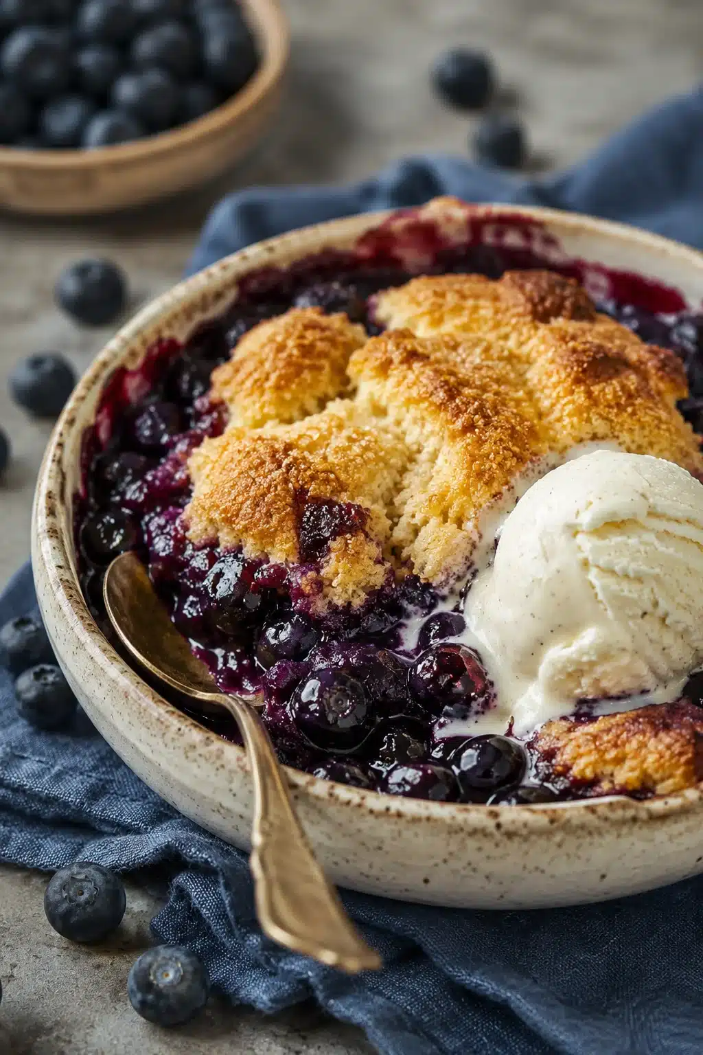 Blueberry cobbler with golden biscuit topping, juicy blueberries, and vanilla ice cream.