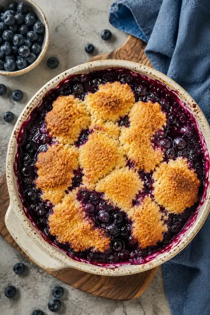 Blueberry Cobbler 3 Blueberry Cobbler baked in a casserole dish with golden biscuit topping.