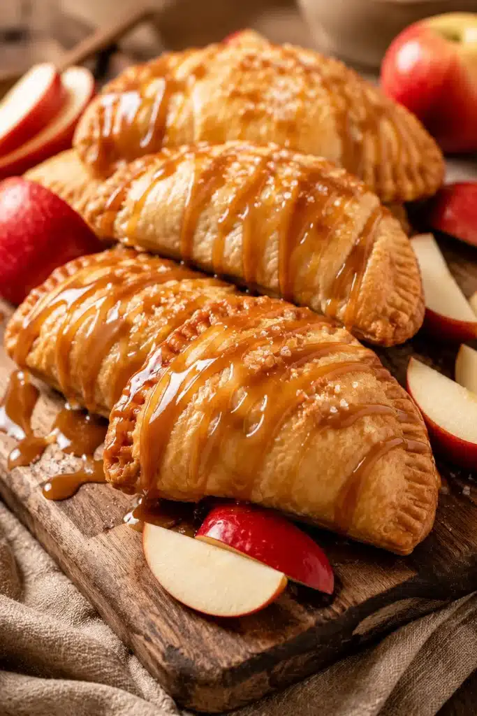 Caramel apple empanadas with flaky pastry and rich caramel drizzle on a serving board