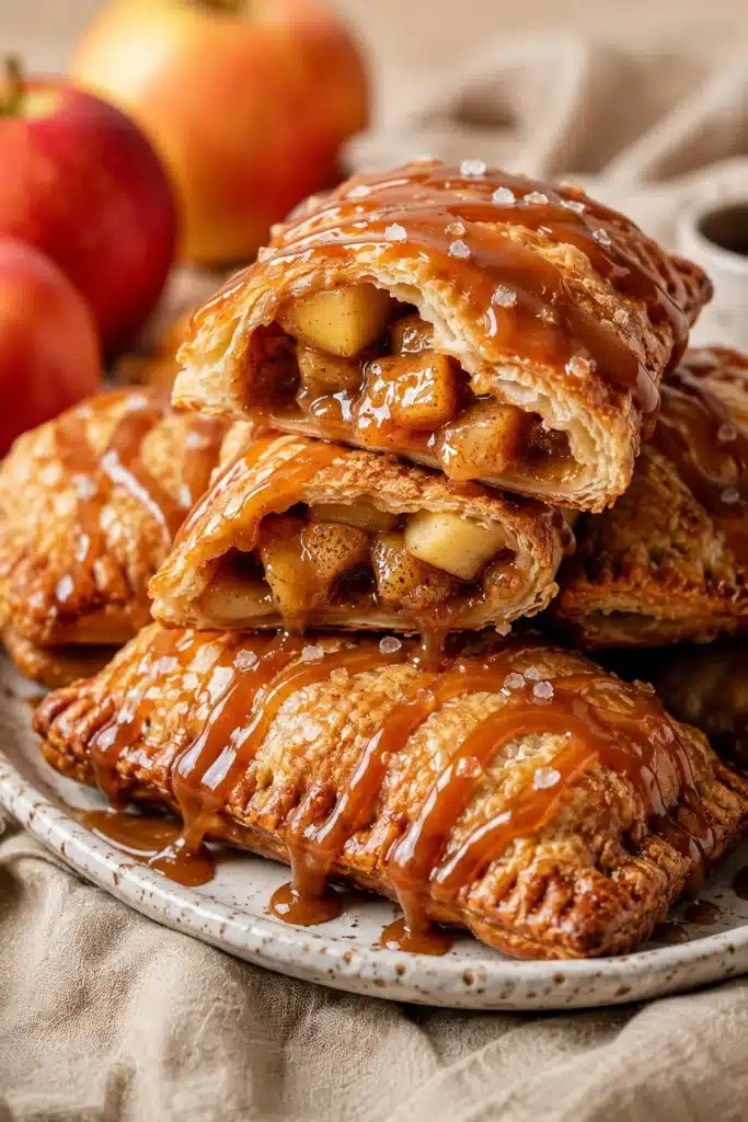 Caramel apple empanadas with flaky pastry and caramel drizzle revealing warm apple filling