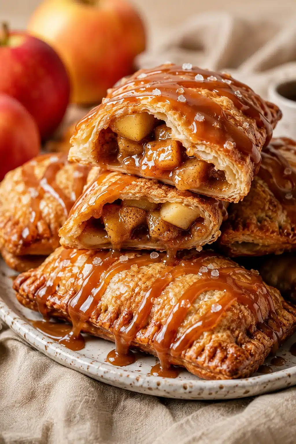 Caramel apple empanadas with flaky pastry and caramel drizzle revealing warm apple filling