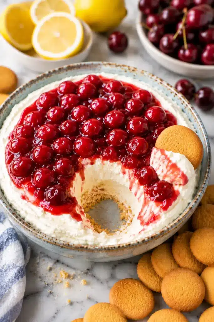 Cherry Cheesecake Dip with graham cracker dipped into creamy cherry cheesecake filling