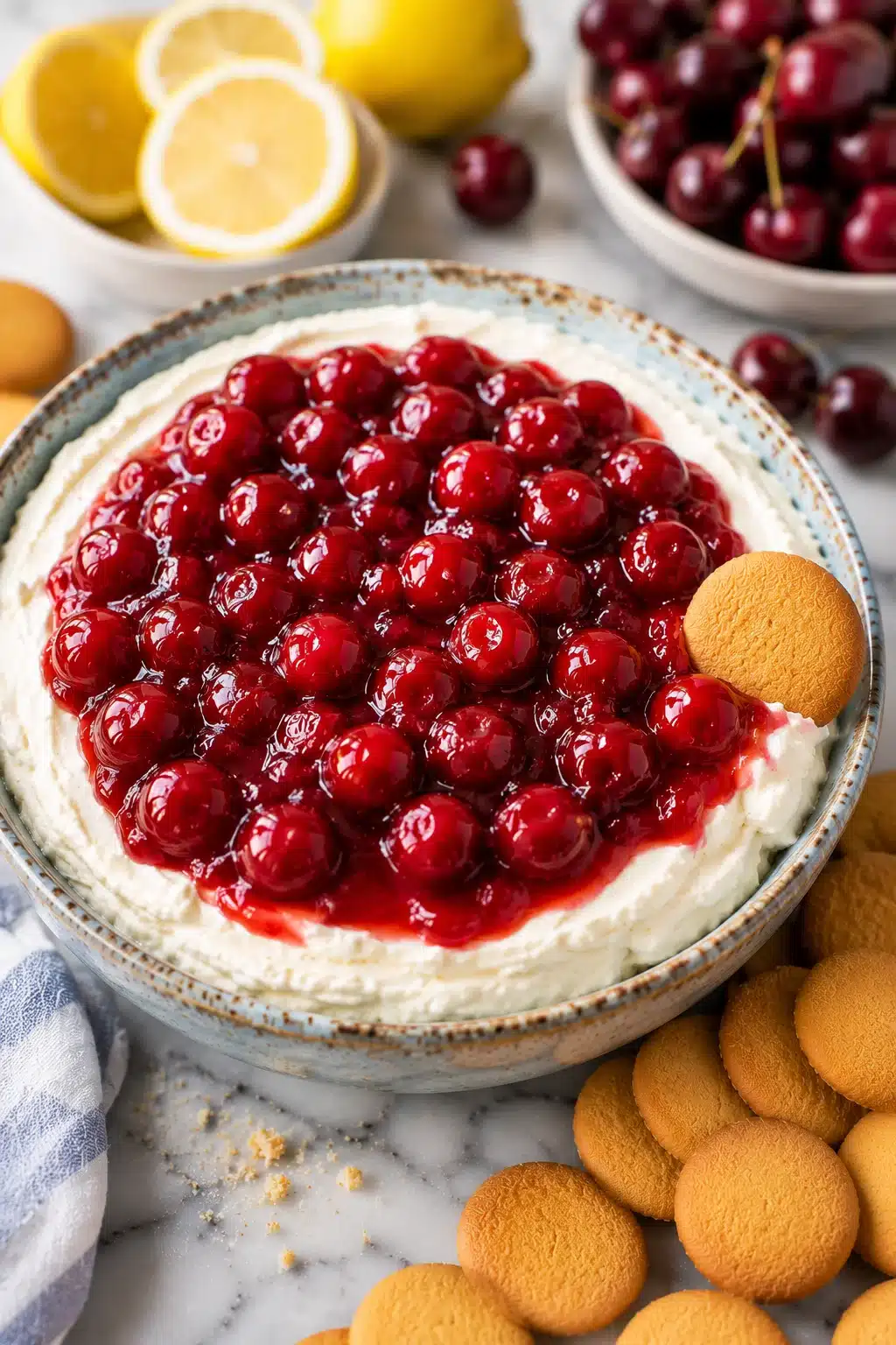 Cherry cheesecake dip topped with sweet cherry pie filling and served with cookies